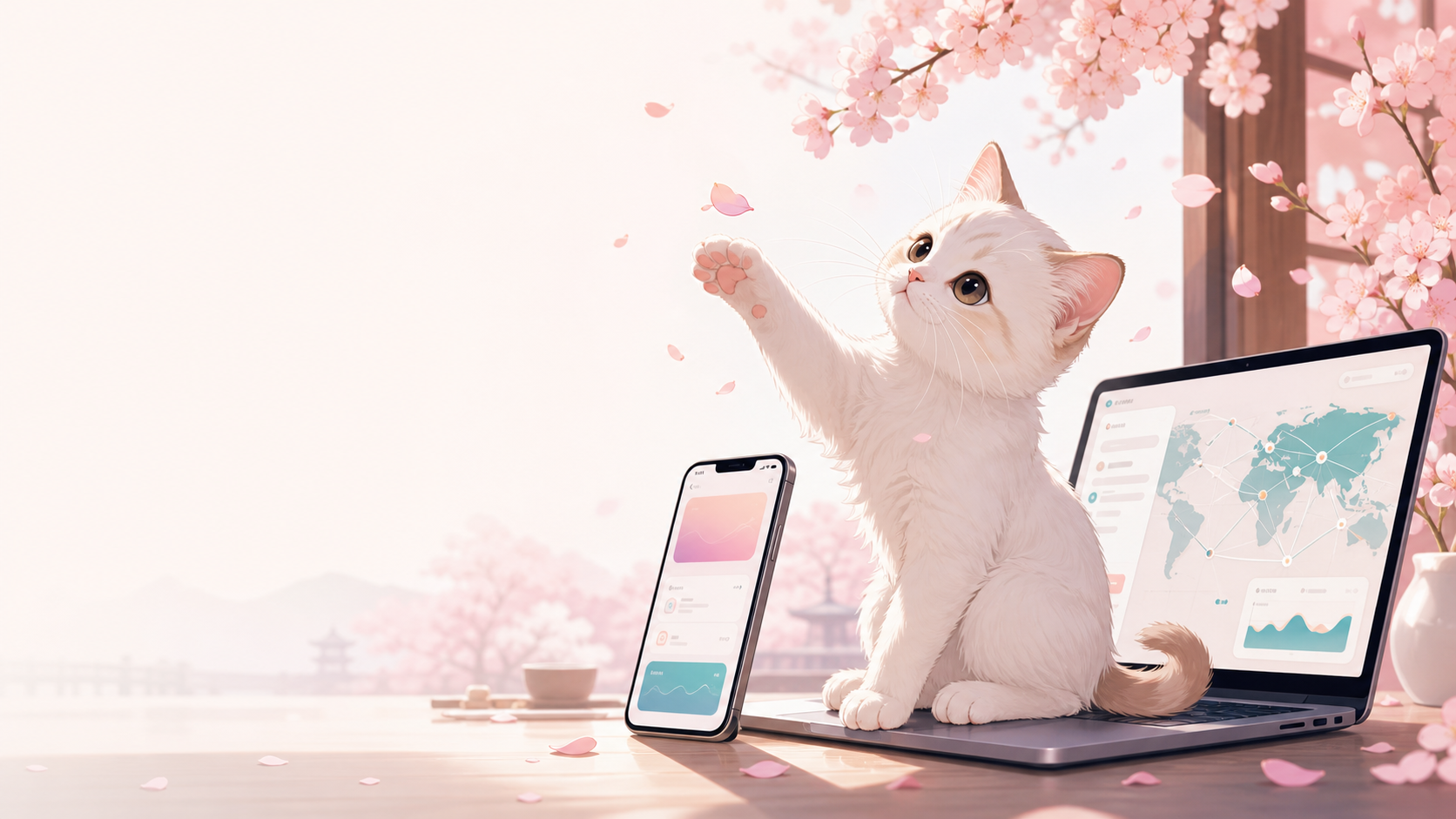 奶猫在樱花窗边玩花瓣，旁边有手机和电脑客户端线路面板